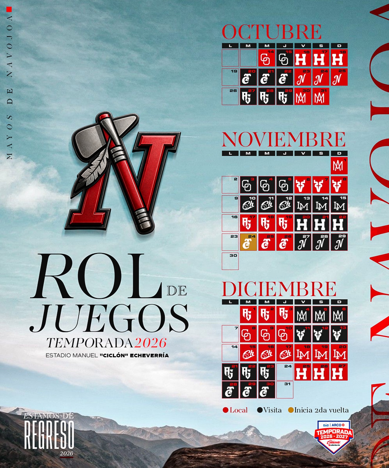 Rol de juegos de Mayos de Navojoa, temporada 2026: octubre, noviembre y diciembre. Casa en rojo, visita en negro.