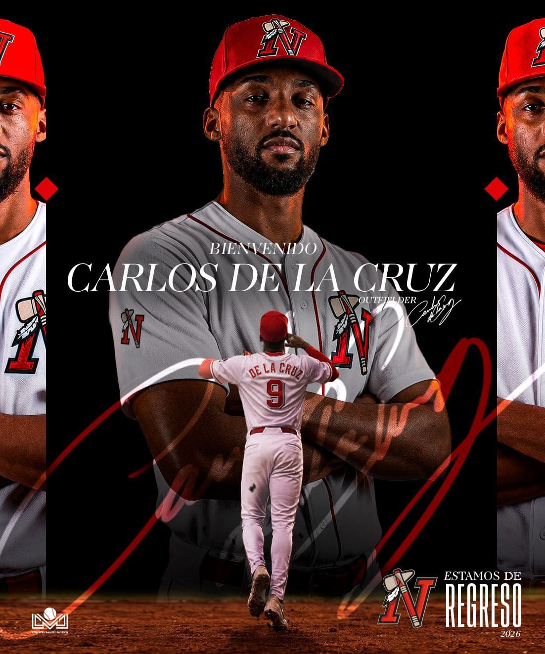 Gráfico oficial de bienvenida a Carlos de la Cruz, outfielder de Mayos de Navojoa