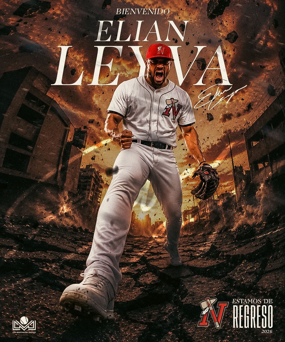 Gráfico oficial de bienvenida a Elian Leyva, lanzador cubano de Mayos de Navojoa