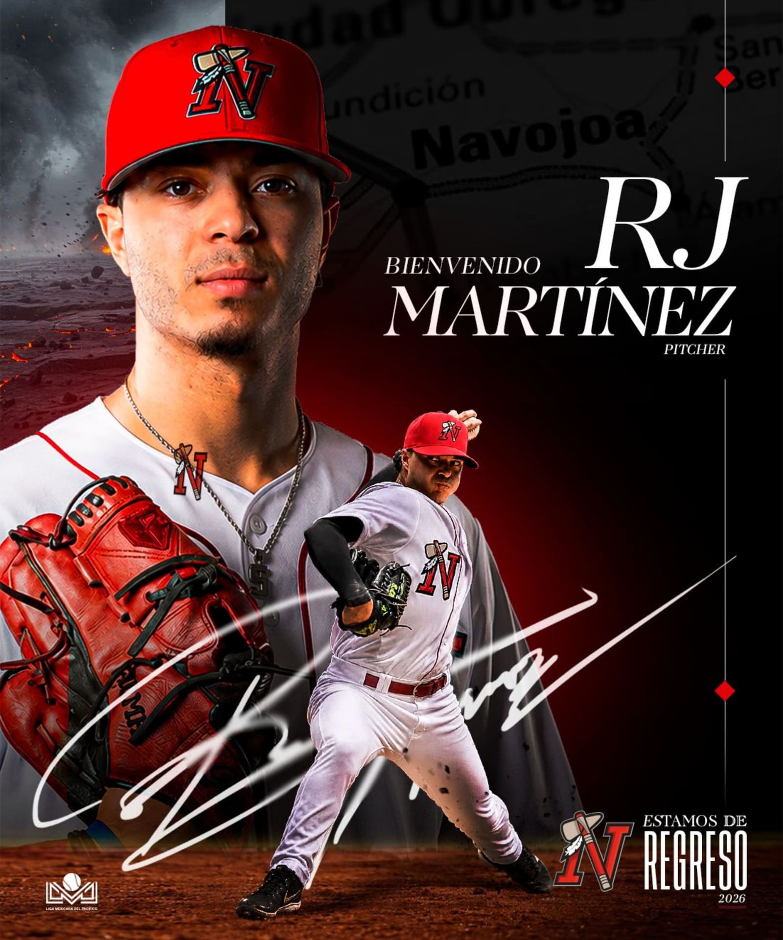 Gráfico oficial de bienvenida a R.J. Martínez, pitcher de Mayos de Navojoa